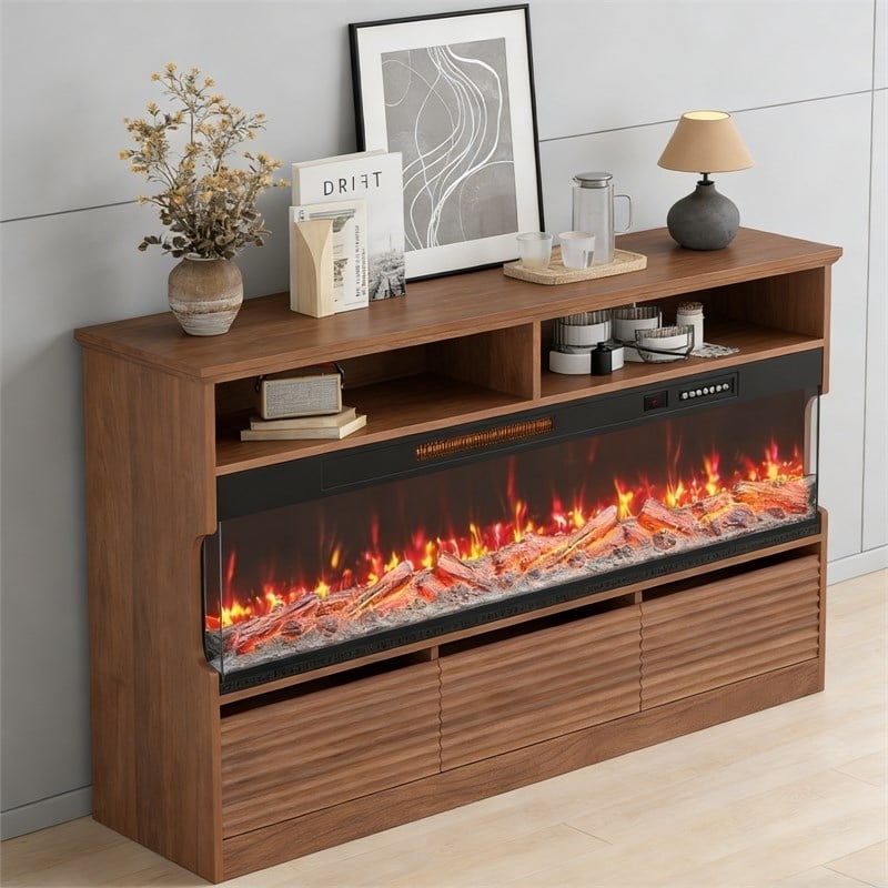 Pemberly Row Brown TV Stand with 50-Inch Electric Fireplace for 65