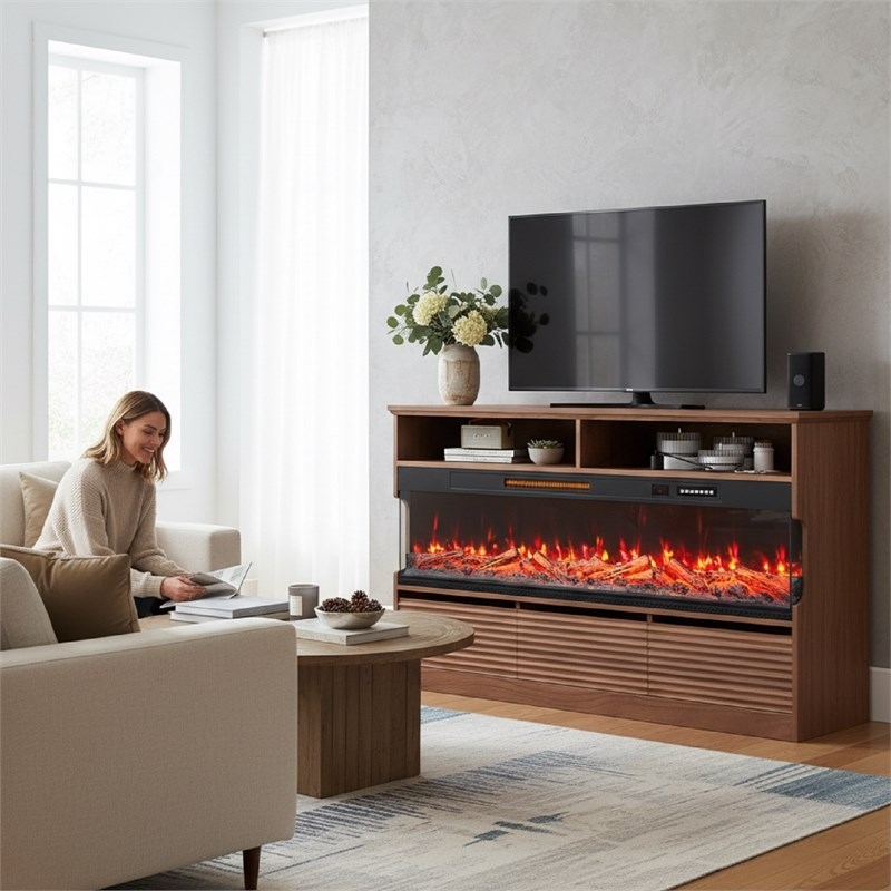 Pemberly Row Brown TV Stand with 50-Inch Electric Fireplace for 65