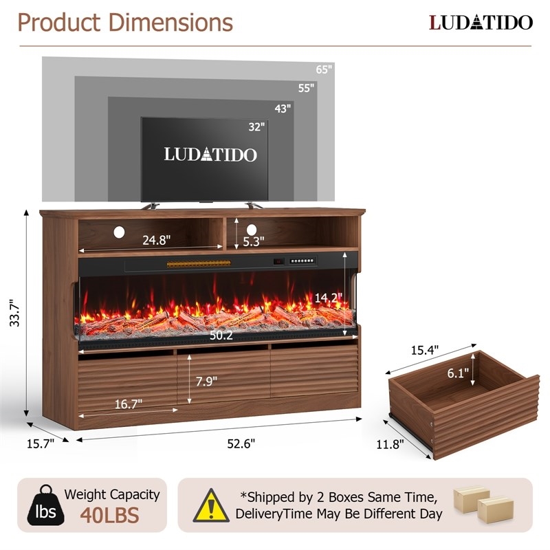 Pemberly Row Brown TV Stand with 50-Inch Electric Fireplace for 65