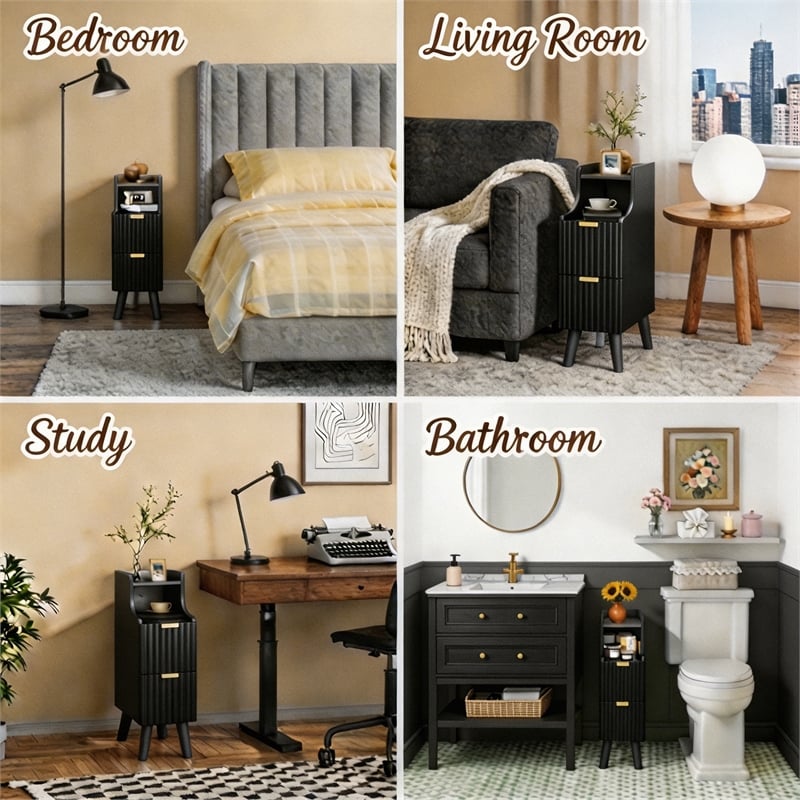 Pemberly Row Slim Black Nightstand with 2 Drawers in Engineered Wood