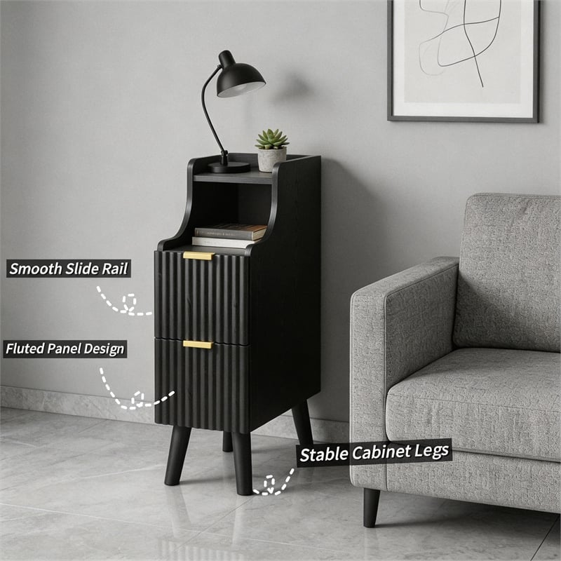 Pemberly Row Slim Black Nightstand with 2 Drawers in Engineered Wood