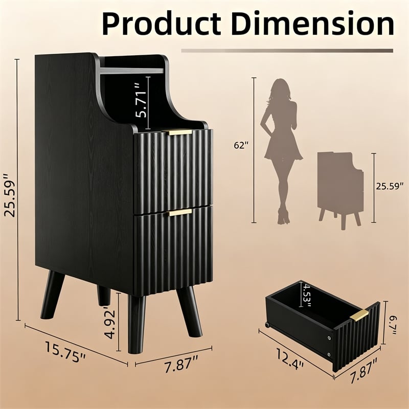 Pemberly Row Slim Black Nightstand with 2 Drawers in Engineered Wood