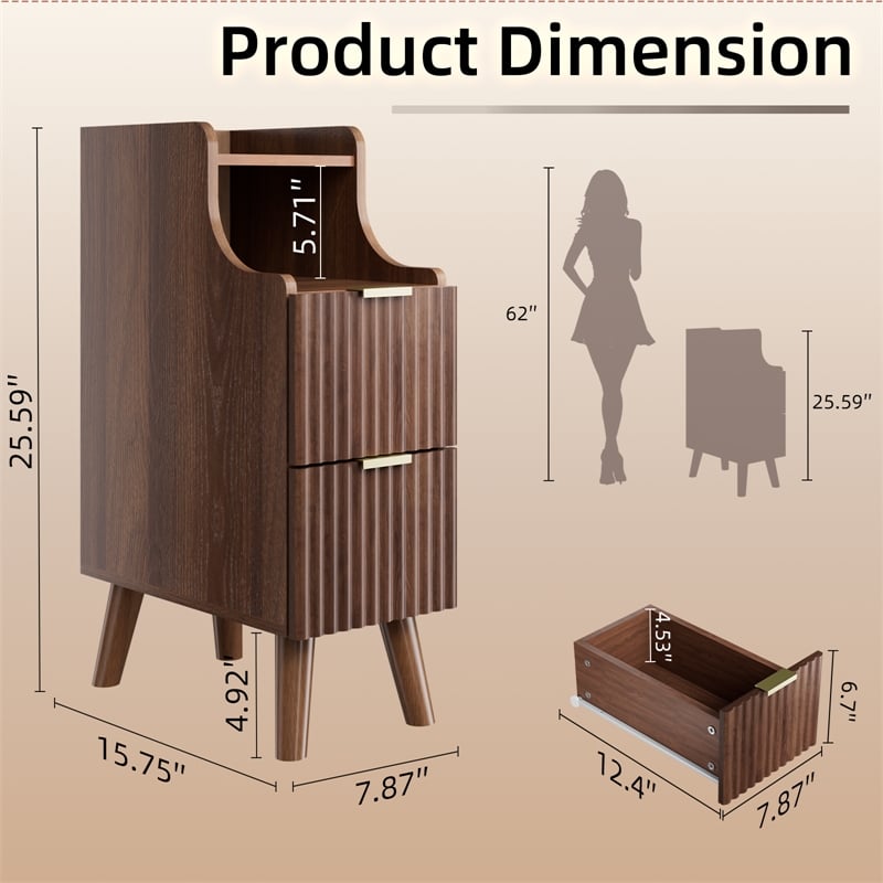 Pemberly Row Slim Brown Fluted Nightstand with 2 Drawers in Engineered Wood