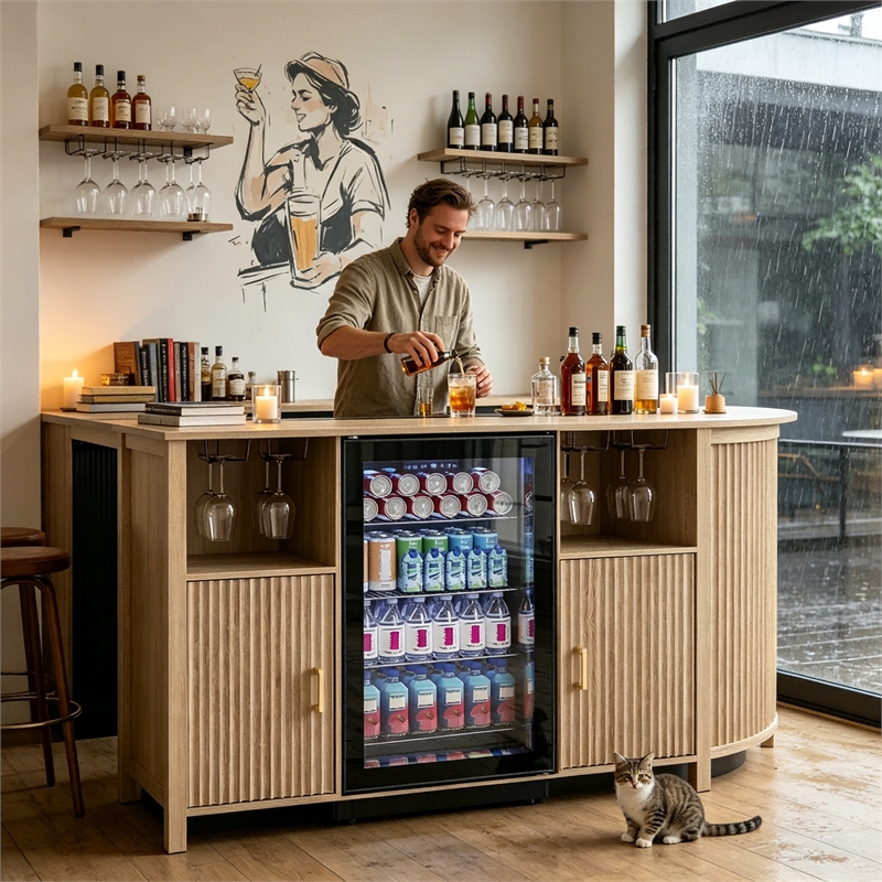 Pemberly Row Medium Wood Coffee Bar Cabinet with Mini Fridge Space & Power