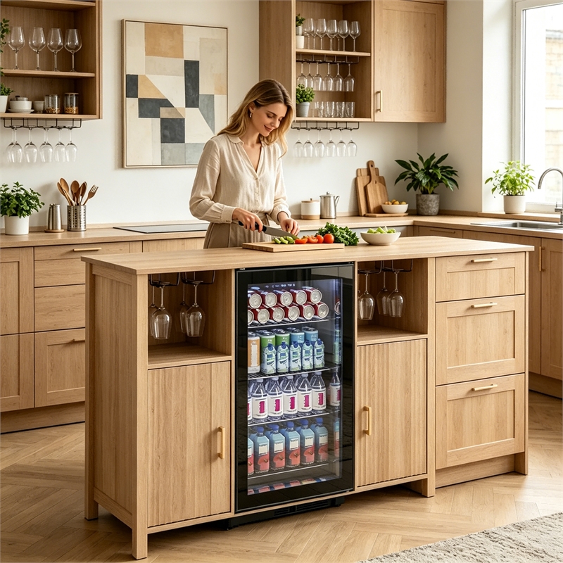 Pemberly Row Medium Wood Coffee Bar Cabinet with Mini Fridge Space & Power