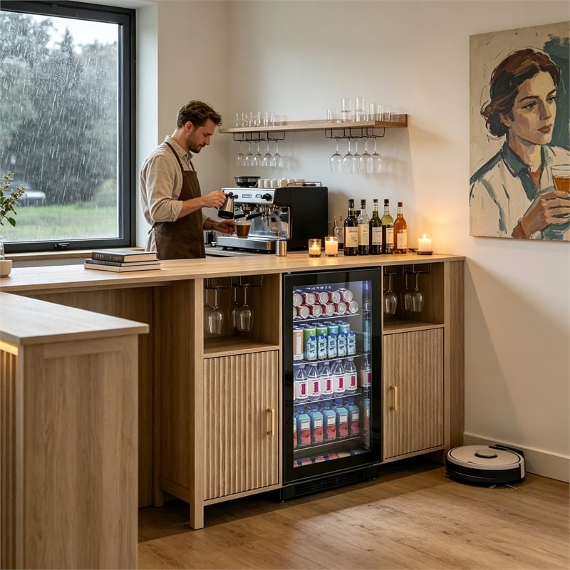 Pemberly Row Medium Wood Coffee Bar Cabinet with Mini Fridge Space & Power