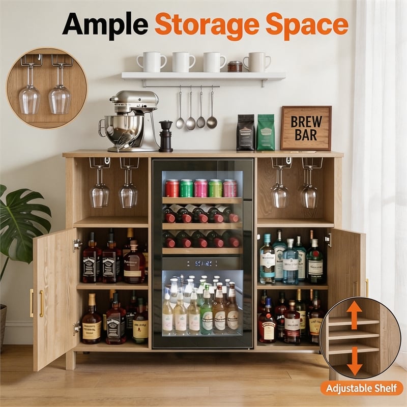 Pemberly Row Medium Wood Coffee Bar Cabinet with Mini Fridge Space & Power