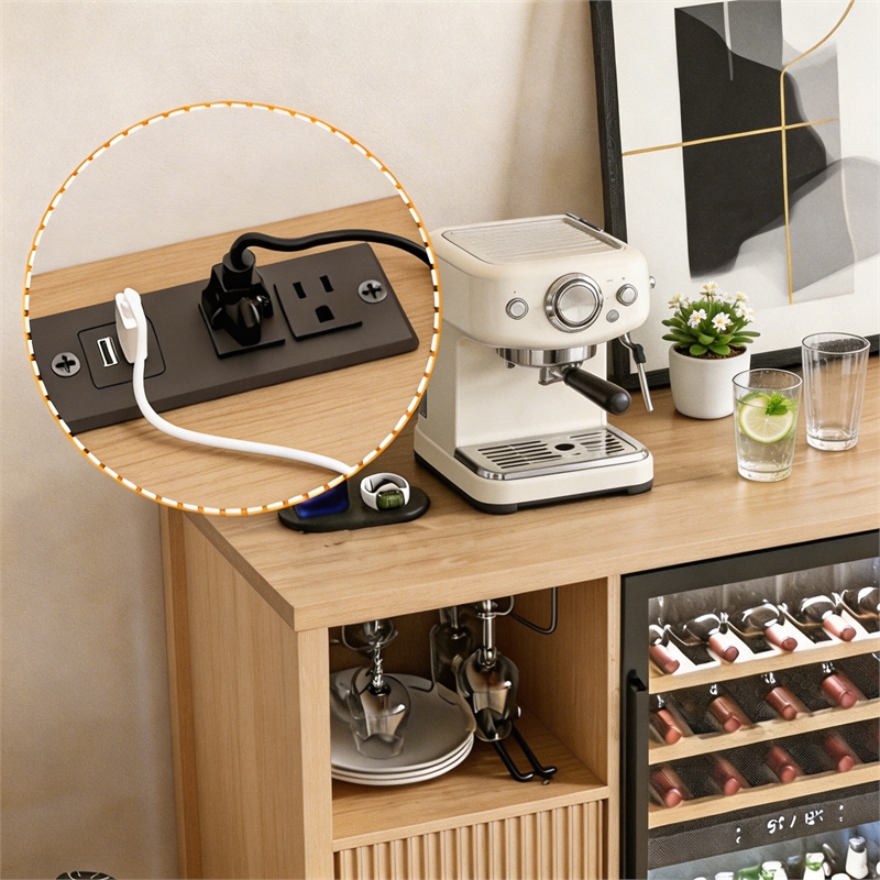Pemberly Row Medium Wood Coffee Bar Cabinet with Mini Fridge Space & Power