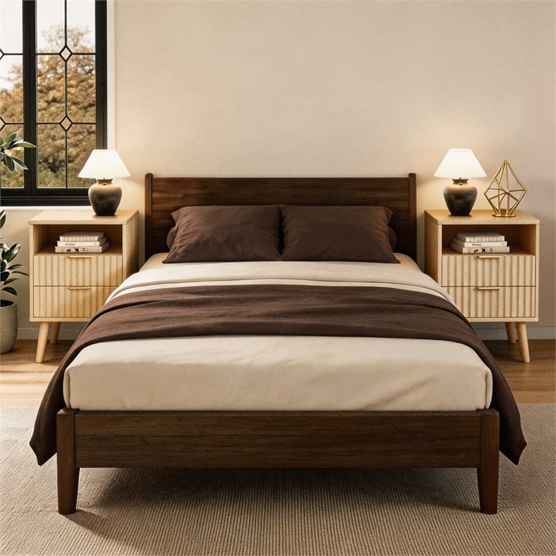 Pemberly Row Medium Wood Set of 2 Nightstands with Fluted Drawers