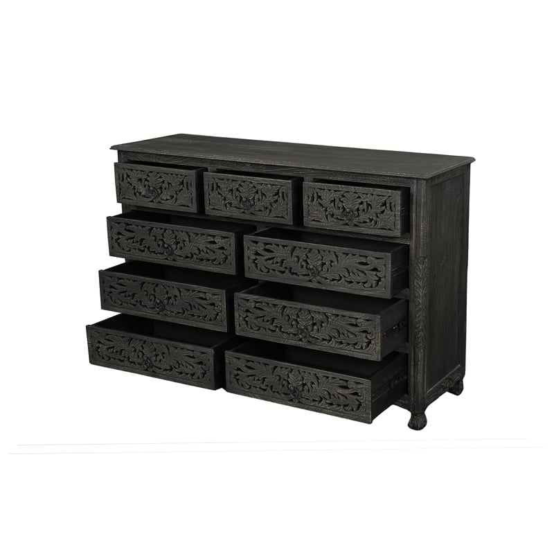 Pemberly Row 9-Drawer Floral Carved Solid Wood Farmhouse Dresser in Black