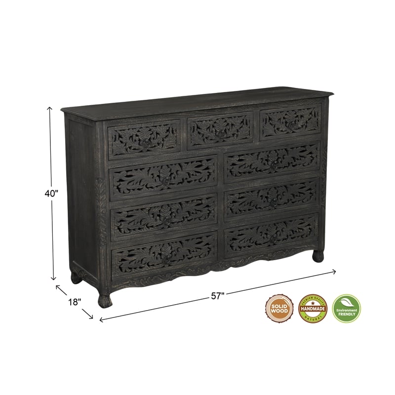 Pemberly Row 9-Drawer Floral Carved Solid Wood Farmhouse Dresser in Black