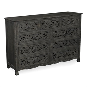 Pemberly Row 9-Drawer Floral Carved Solid Wood Farmhouse Dresser in Black
