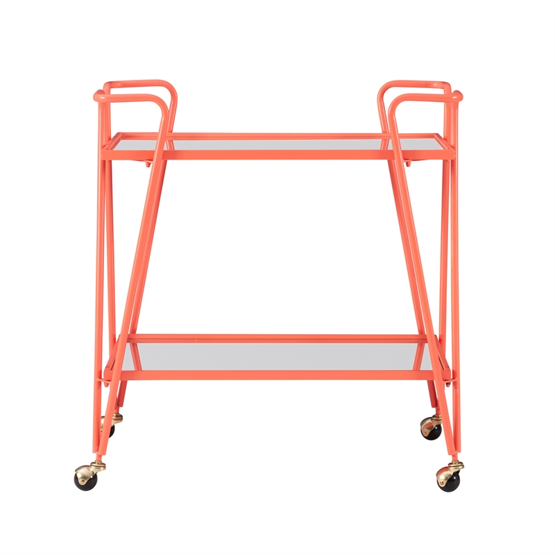 Pemberly Row Metal Rolling Bar Cart with 2 Mirrored Shelves in Coral