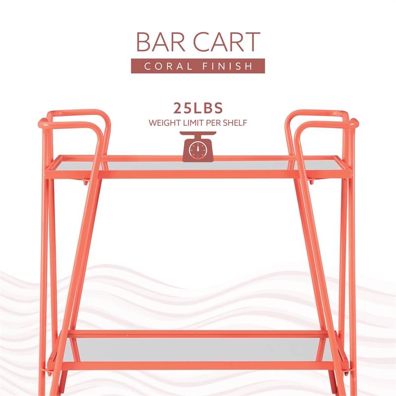 Pemberly Row Metal Rolling Bar Cart with 2 Mirrored Shelves in Coral