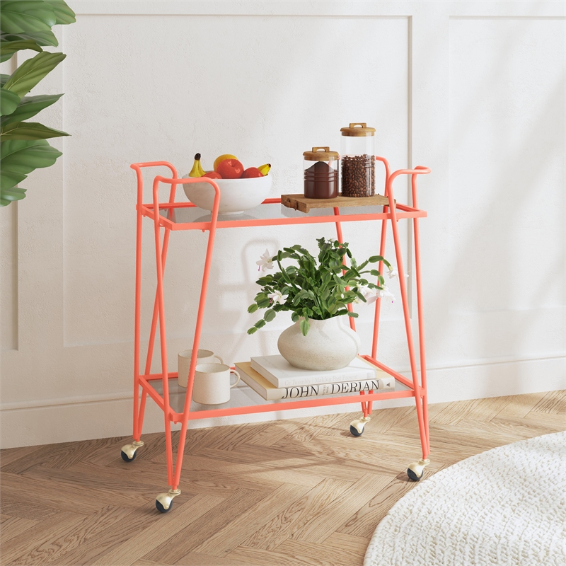 Pemberly Row Metal Rolling Bar Cart with 2 Mirrored Shelves in Coral