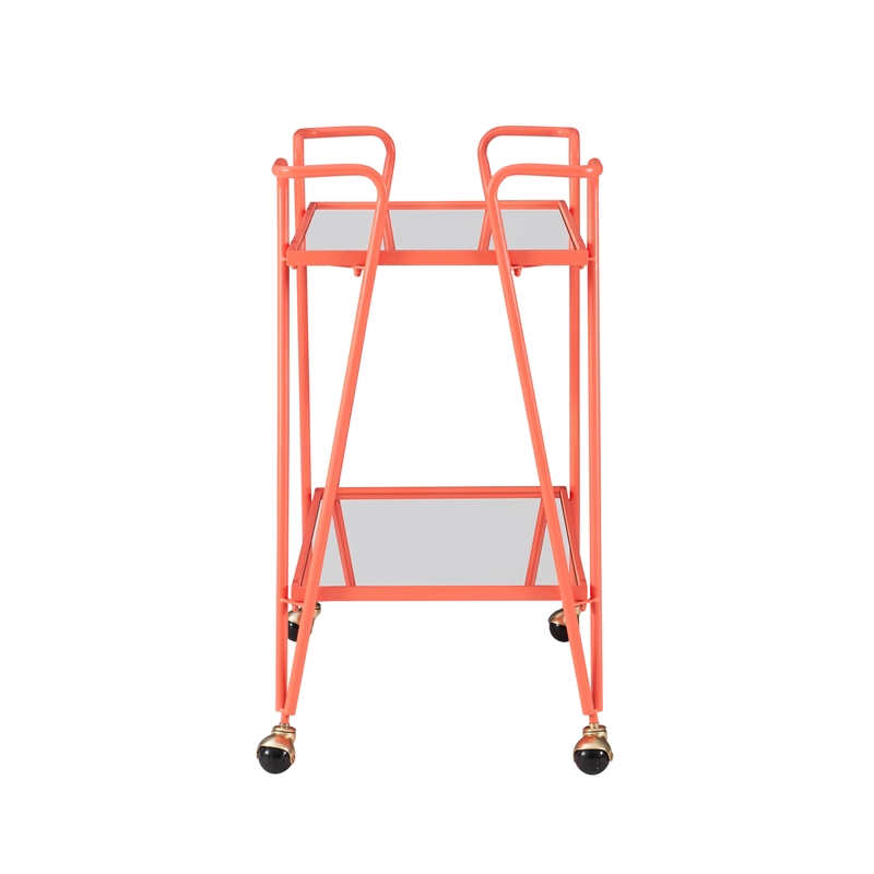 Pemberly Row Metal Rolling Bar Cart with 2 Mirrored Shelves in Coral