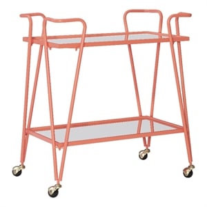 Pemberly Row Metal Rolling Bar Cart with 2 Mirrored Shelves in Coral