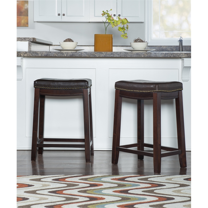 Pemberly Row Wooden Counter Stools with Faux Leather Seats in Brown (Set of 2)