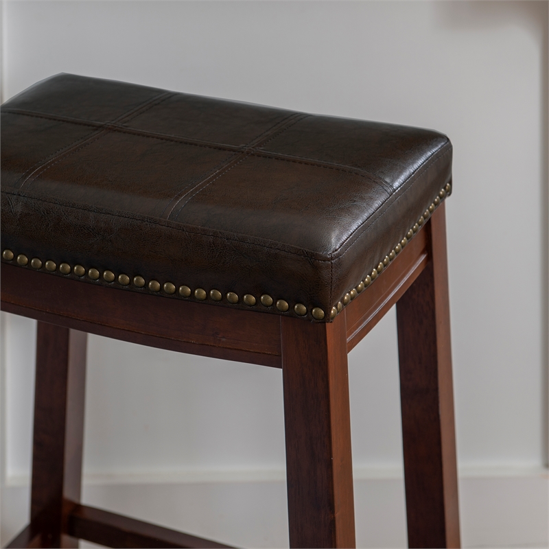 Pemberly Row Wooden Counter Stools with Faux Leather Seats in Brown (Set of 2)