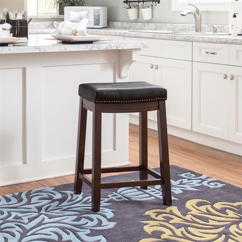 Pemberly Row Wooden Counter Stools with Faux Leather Seats in Brown (Set of 2)