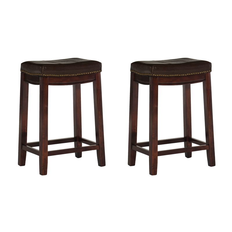 Pemberly Row Wooden Counter Stools with Faux Leather Seats in Brown (Set of 2)