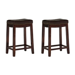 Pemberly Row Wooden Counter Stools with Faux Leather Seats in Brown (Set of 2)