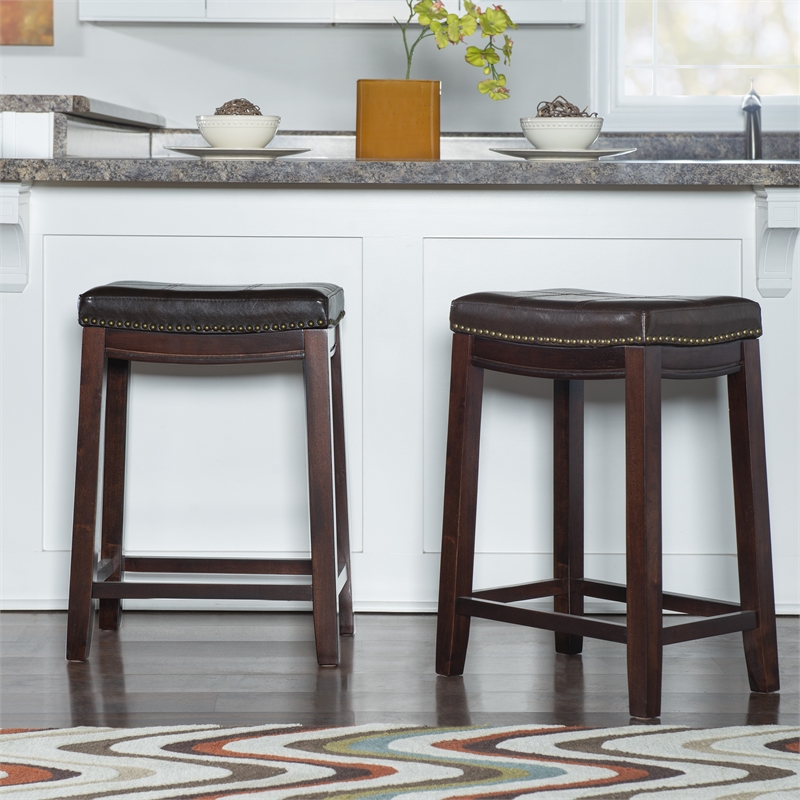 Pemberly Row Wooden Counter Stools with Faux Leather Seats in Brown (Set of 2)