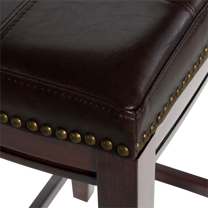 Pemberly Row Wooden Counter Stools with Faux Leather Seats in Brown (Set of 2)
