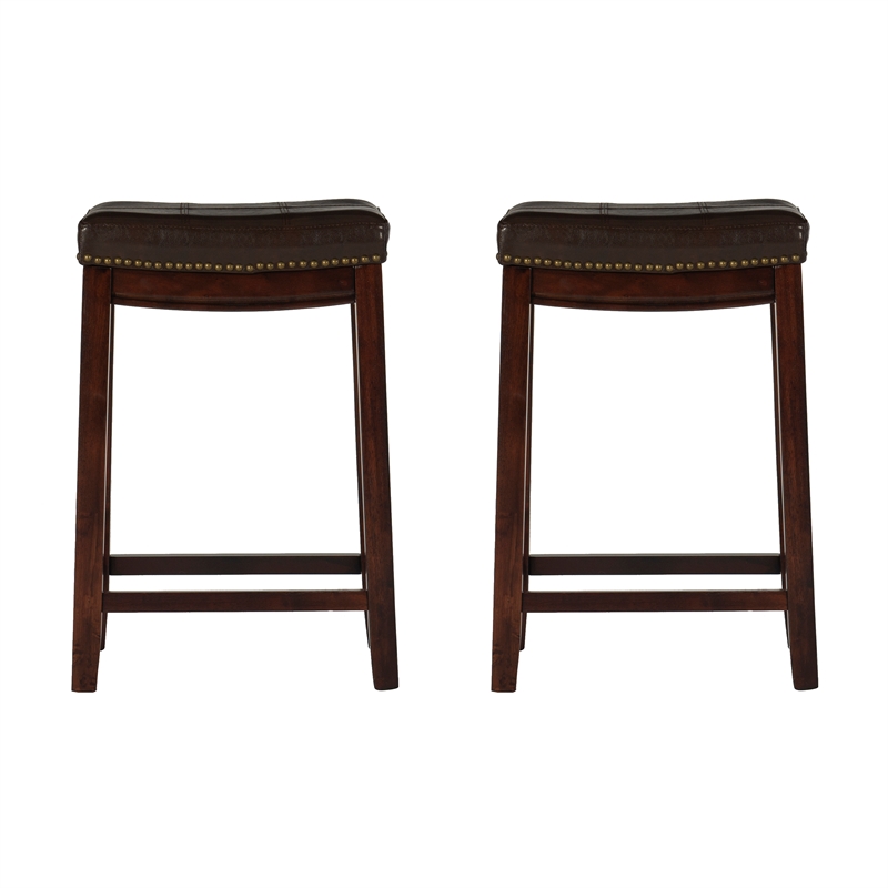 Pemberly Row Wooden Counter Stools with Faux Leather Seats in Brown (Set of 2)