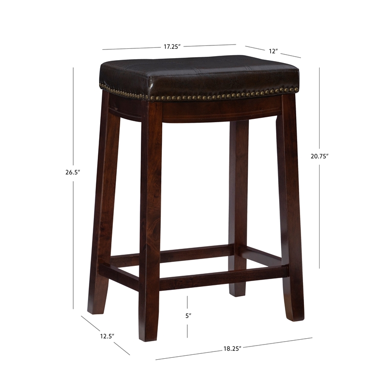 Pemberly Row Wooden Counter Stools with Faux Leather Seats in Brown (Set of 2)