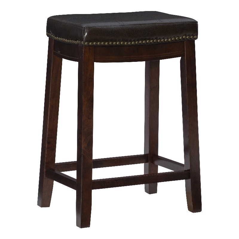 Pemberly Row Wooden Counter Stools with Faux Leather Seats in Brown (Set of 2)