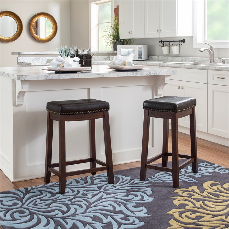 Pemberly Row Wooden Counter Stools with Faux Leather Seats in Brown (Set of 2)