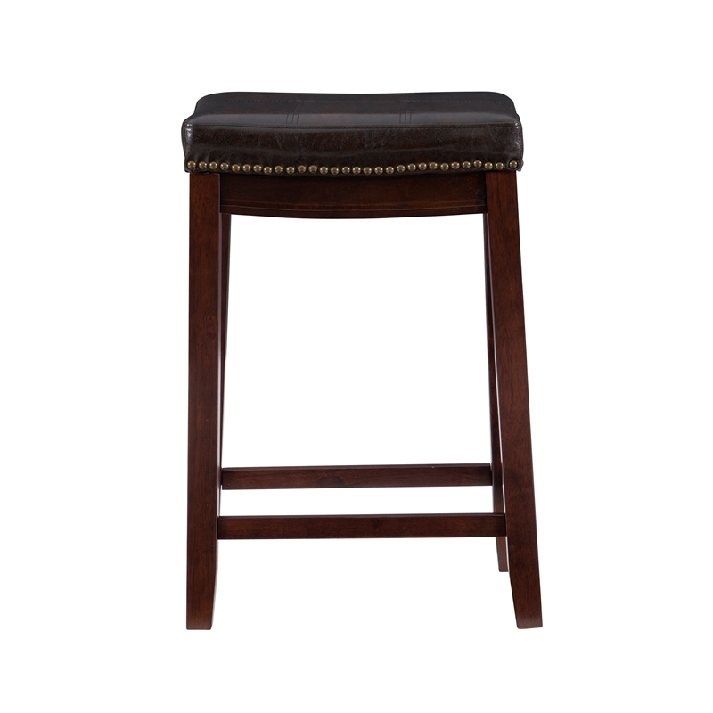 Pemberly Row Wooden Counter Stools with Faux Leather Seats in Brown (Set of 2)