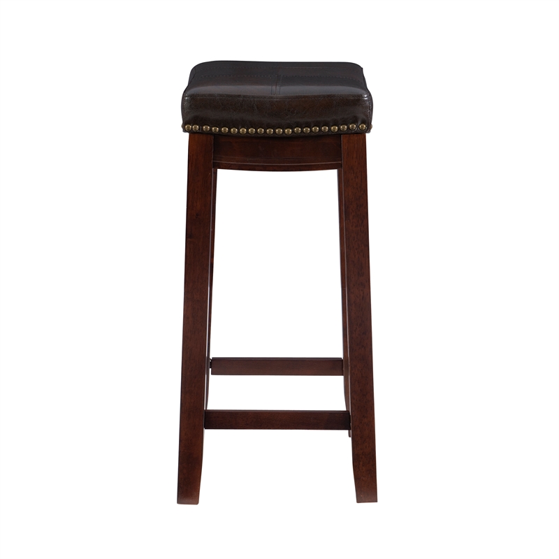 Pemberly Row Wooden Counter Stools with Faux Leather Seats in Brown (Set of 2)