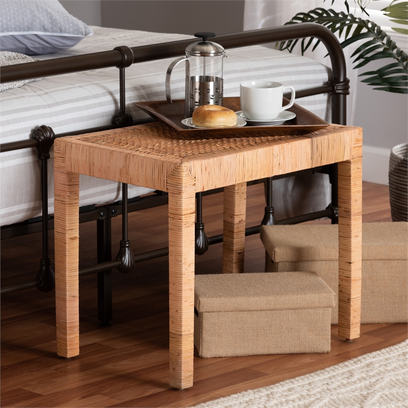 Pemberly Row Bohemian Rattan and Mahogany Short Accent Bench