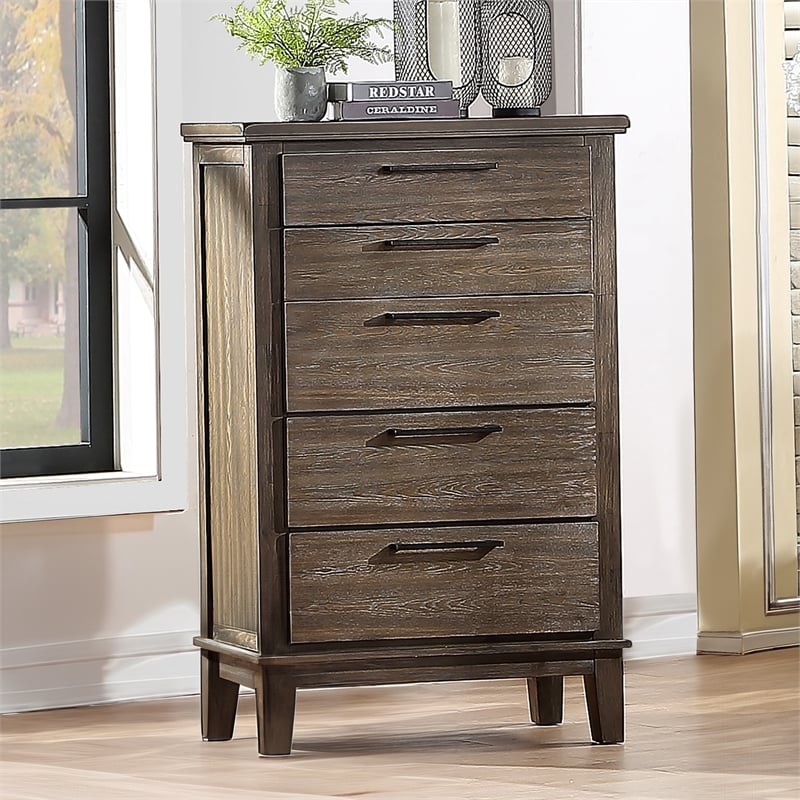 Pemberly Row 5-Drawer Rubberwood Chest in Vintage Gray Finish