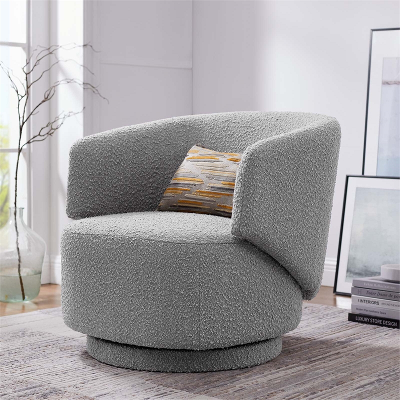 Pemberly Row Upholstered Boucle Fabric Swivel Chair in Light Gray