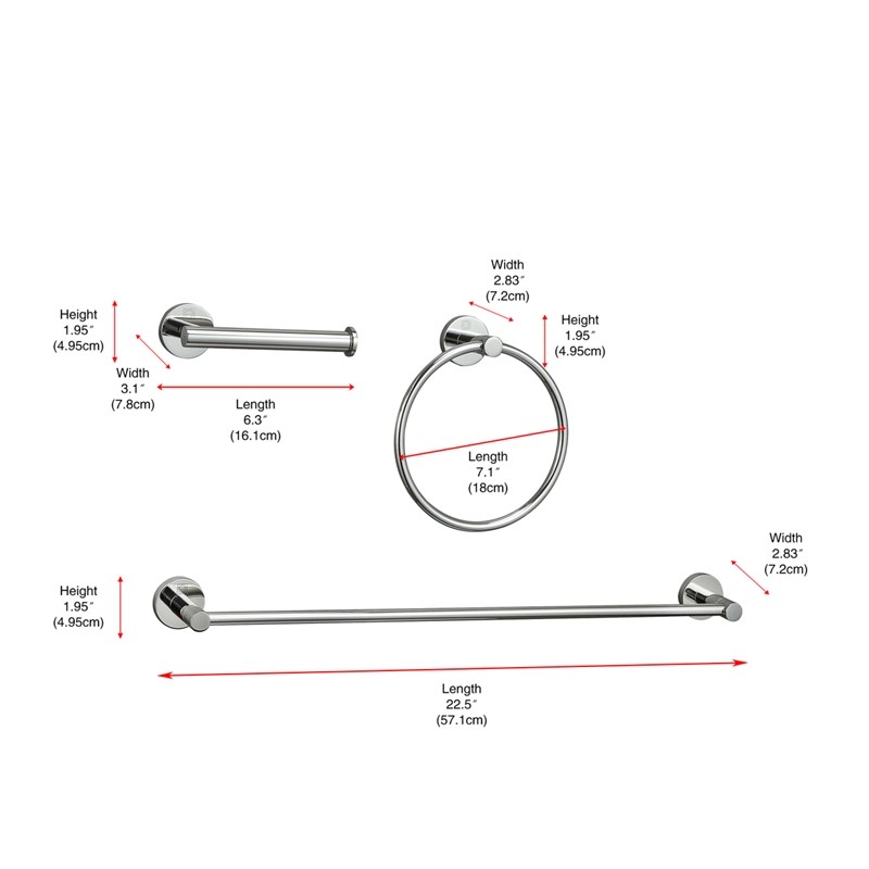 Pemberly Row 3-Pc Stainless Steel Bathroom Hardware Set in Chrome