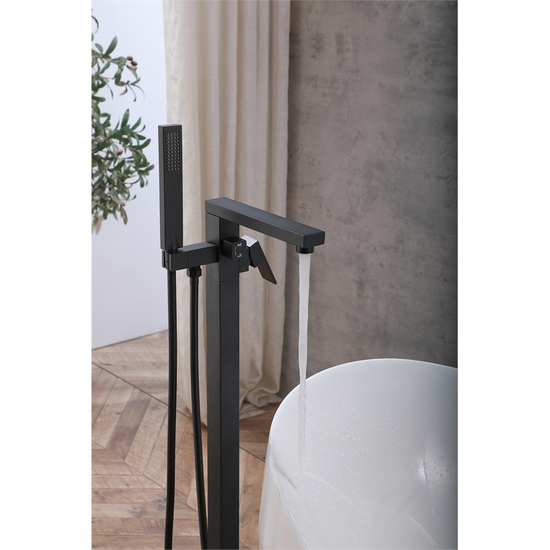 Pemberly Row Floor Mounted Tub Faucet with Hand Shower in Matte Black