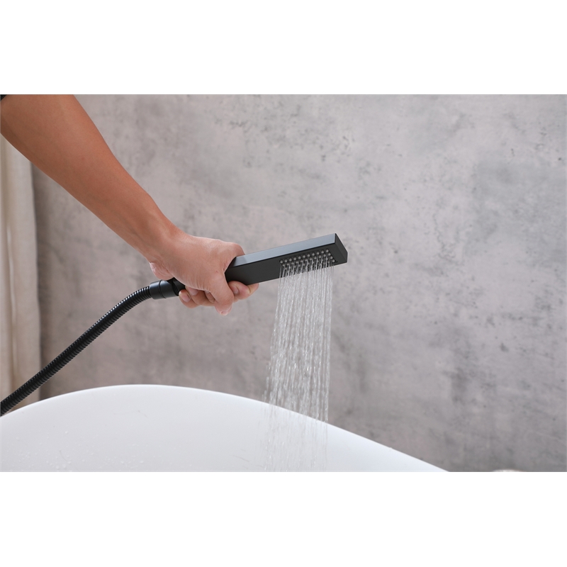 Pemberly Row Floor Mounted Tub Faucet with Hand Shower in Matte Black