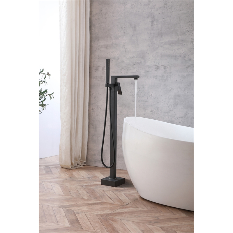 Pemberly Row Floor Mounted Tub Faucet with Hand Shower in Matte Black