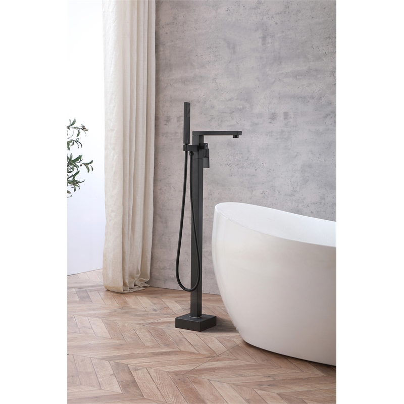 Pemberly Row Floor Mounted Tub Faucet with Hand Shower in Matte Black