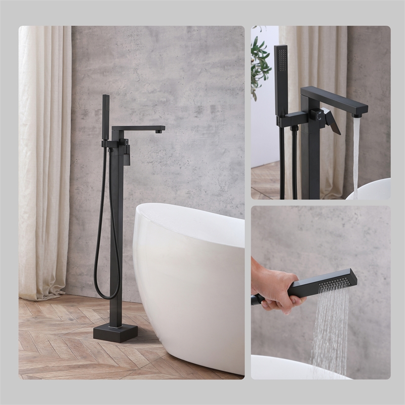 Pemberly Row Floor Mounted Tub Faucet with Hand Shower in Matte Black