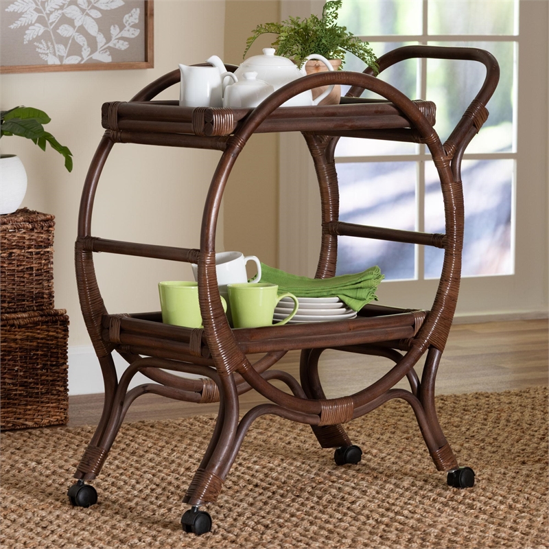 Pemberly Row Natural Rattan 2-Tier Kitchen Cart with Wheels