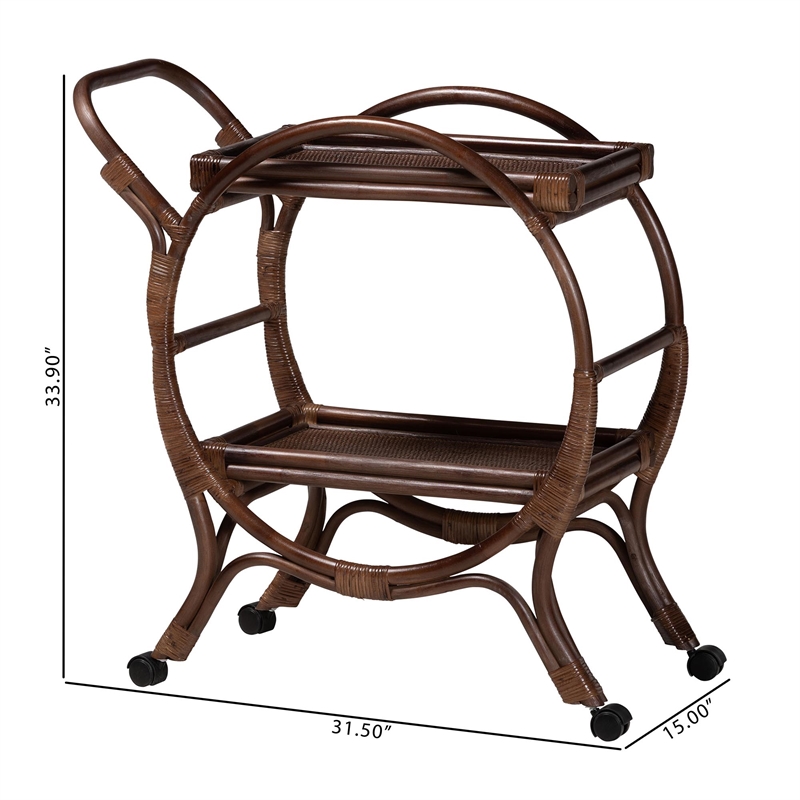 Pemberly Row Natural Rattan 2-Tier Kitchen Cart with Wheels