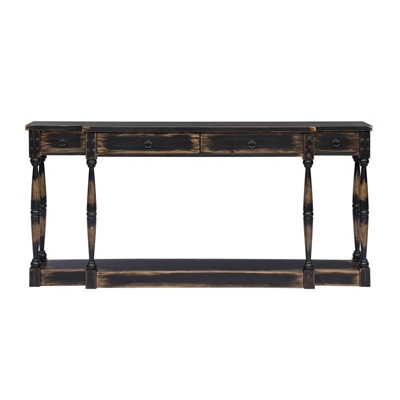 Pemberly Row 4-Drawer Console Table in Deep Brown Solid Wood Finish