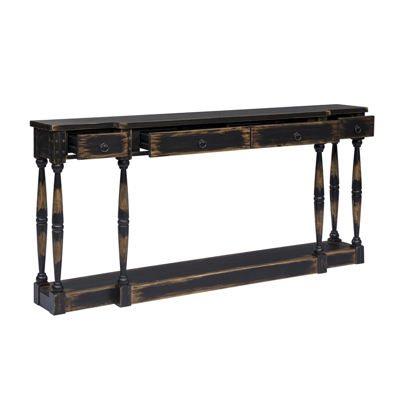 Pemberly Row 4-Drawer Console Table in Deep Brown Solid Wood Finish