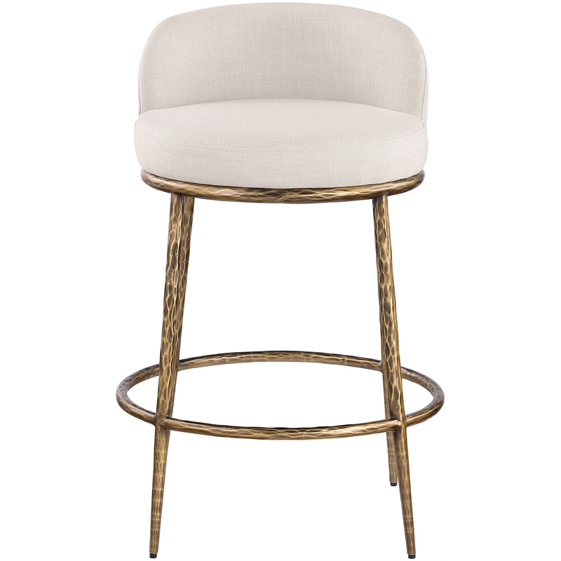 Pemberly Row Beige Linen Fabric Counter Stool with Brushed Brass Legs