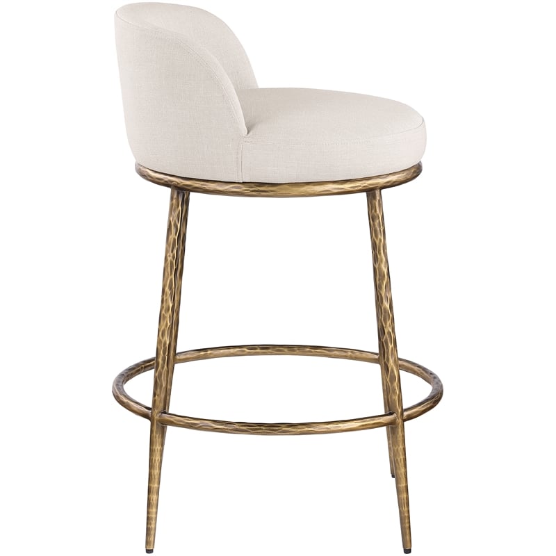 Pemberly Row Beige Linen Fabric Counter Stool with Brushed Brass Legs
