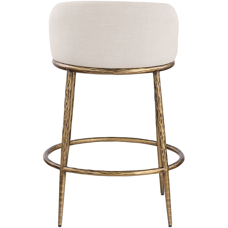 Pemberly Row Beige Linen Fabric Counter Stool with Brushed Brass Legs
